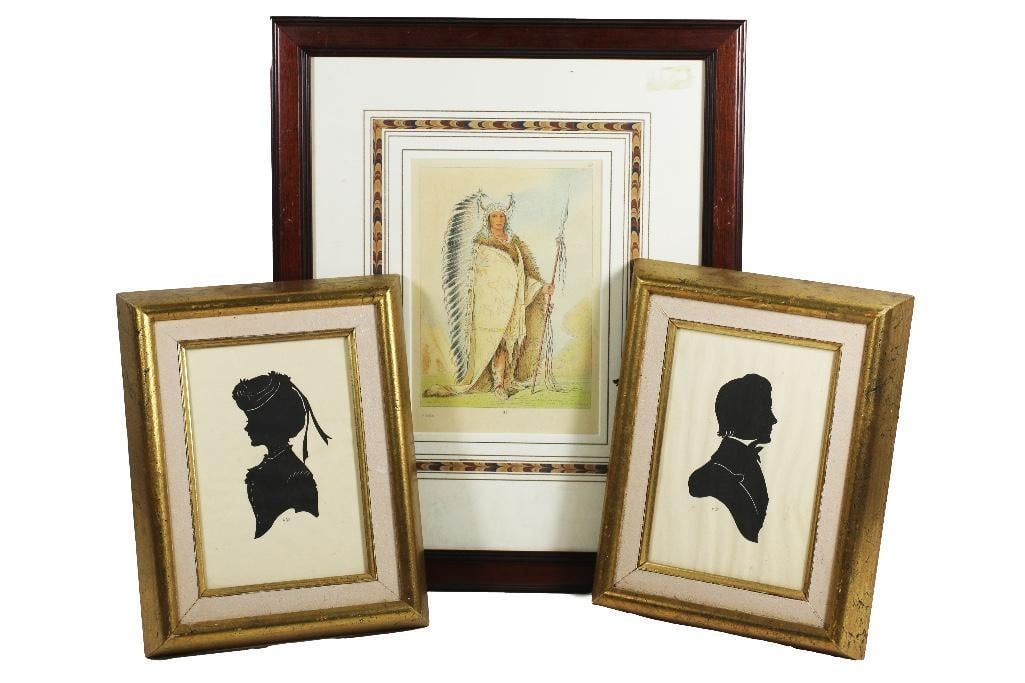 A lot of 9 various antique framed prints and art. Includes a set of silhouettes, lithograph of (1 of 4)