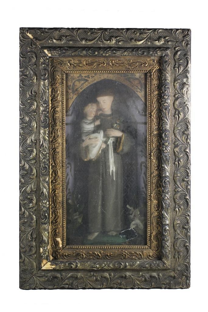 Likely 19th century. A shadowboxed figurine with flowers at the bottom. Frame has some loss.: Likely 19th century. A shadowboxed figurine with flowers at the bottom. Frame has some loss.