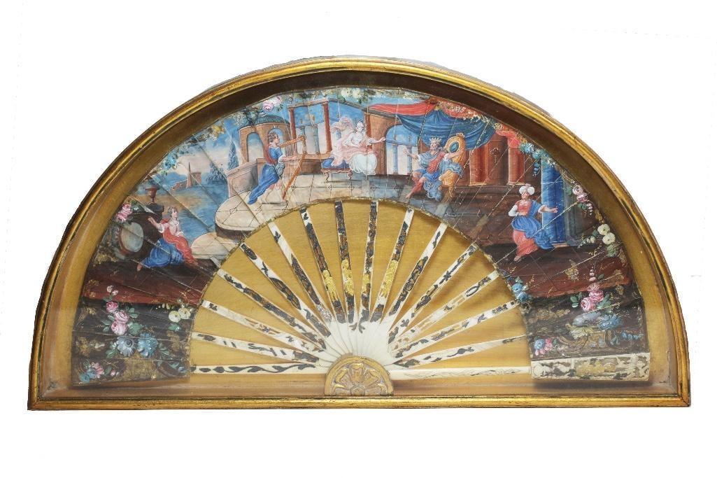 Continental, early 19th century. A hand-painted fan with figures, botanicals, and structures. Framed (1 of 6)