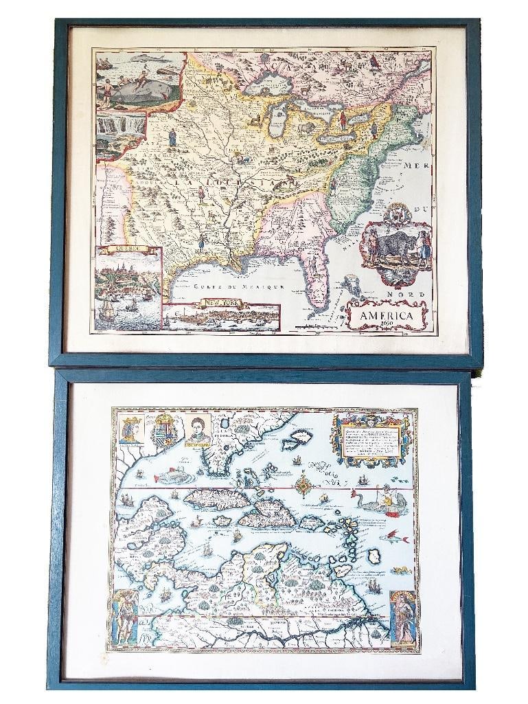Late 20th century, printed on Arches paper. Two colorful maps of early America fitted within teal (1 of 3)