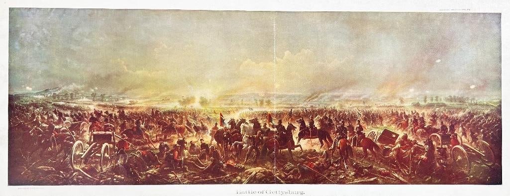 20th century, marked copyright 1907. A panoramic chromolithograph of the Battle of Gettysburg. After (1 of 3)