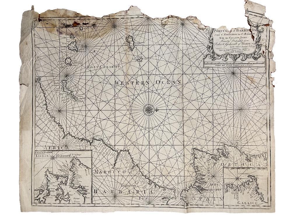 18th century. A map of Portugal and Barbaria with the Canarie Isles. Mount & Page Tower Hill,: 18th century. A map of Portugal and Barbaria with the Canarie Isles. Mount & Page Tower Hill, London. Measures 25 x 19 inches. Overall fair condition; damage to edges and staining throughout.