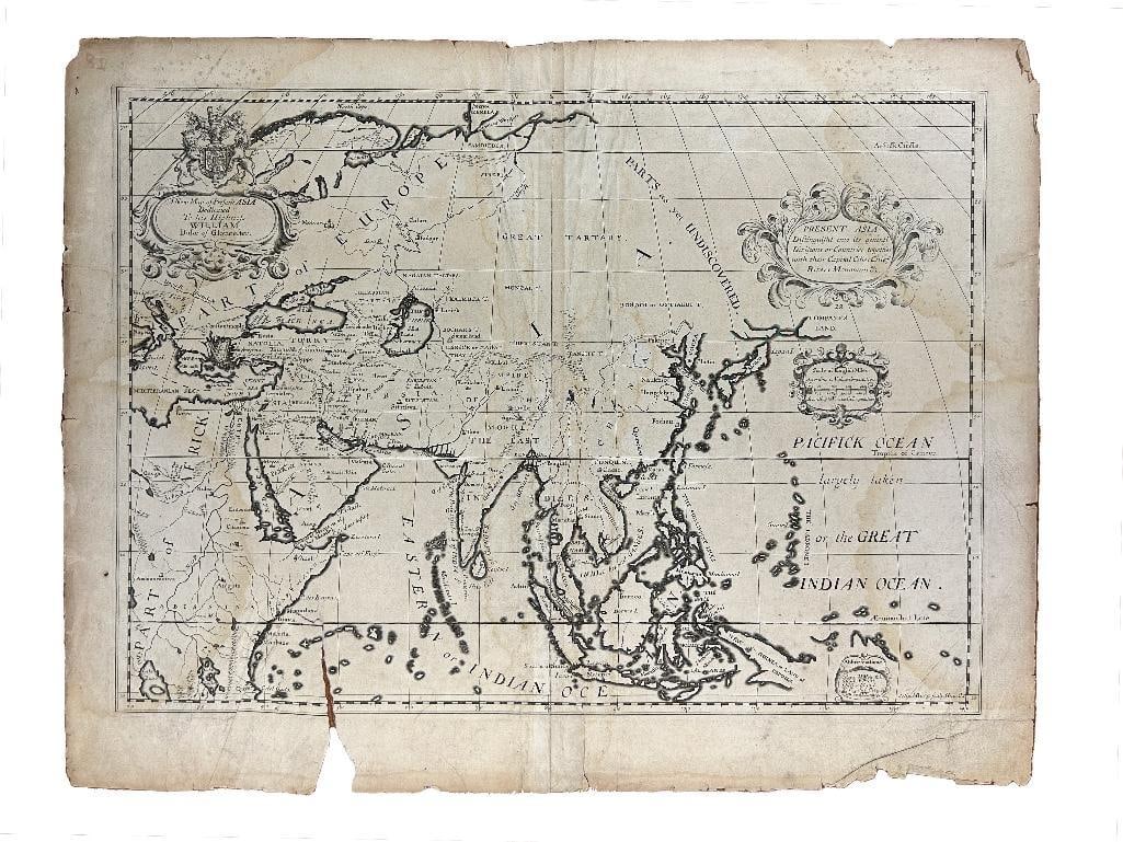 An original New Map of Asia, Dedicated to his Highness William Duke of Gloucester. Wrinkling: An original New Map of Asia, Dedicated to his Highness William Duke of Gloucester. Wrinkling through center crease, toning throughout; rips along bottom edge. Staining and foxing. Measures 22 x 17 inc