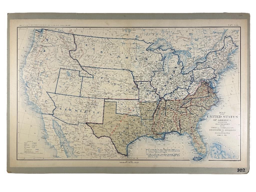 19th century. A clean original Julius & Bien CO, NY map of the USA Boundaries of the Union and: 19th century. A clean original Julius & Bien CO, NY map of the USA Boundaries of the Union and Confederates Geographical Divisions and Departments, June 30, 1864. Plate CLXIX. Atlas to accompany the o