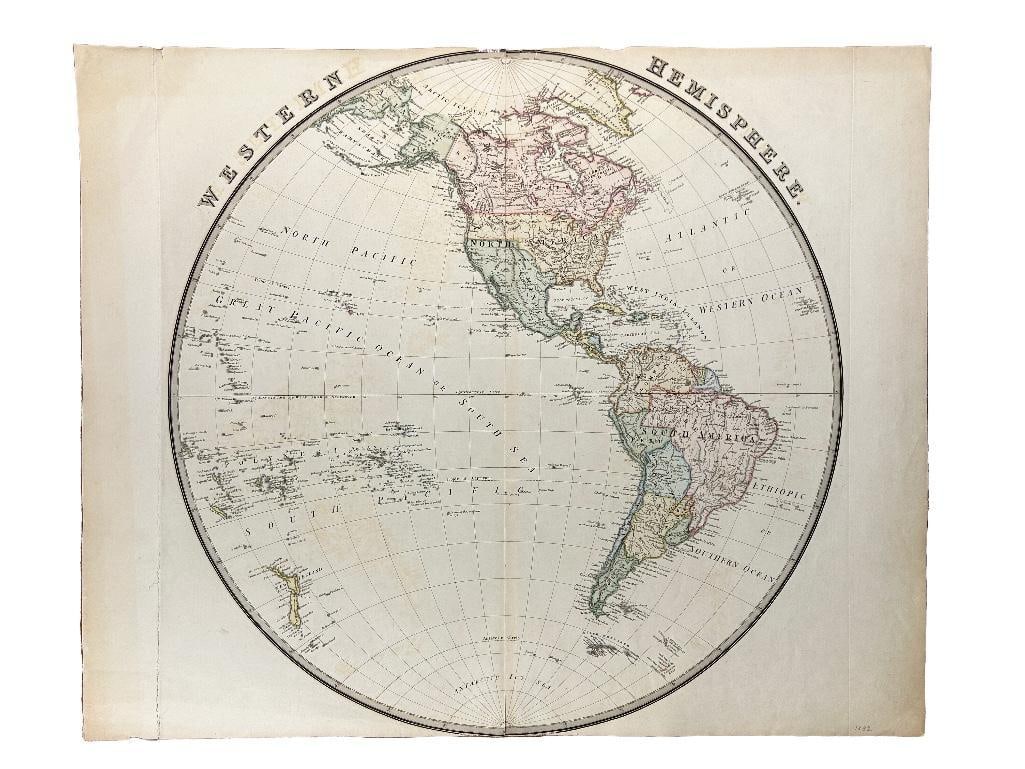 19th century. A large copperplate engraving map of the western hemisphere dating to 1832. Overall: 19th century. A large copperplate engraving map of the western hemisphere dating to 1832. Overall good condition. Some creasing and toning; beginning to split at center. Print at bottom cut so publish