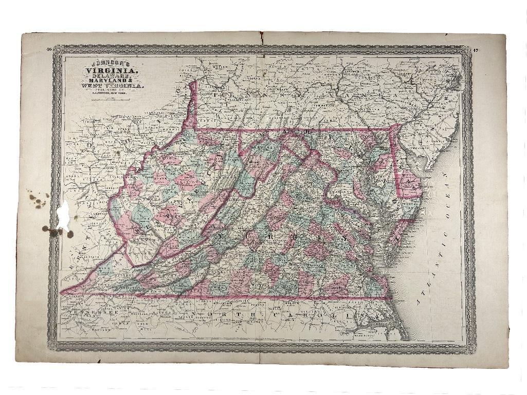 19th century. A hand-colored American Civil War era map of Virginia, Delaware, Maryland, and West (1 of 2)