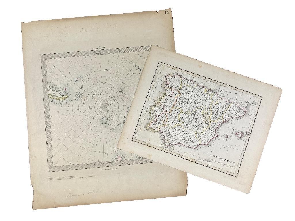 Two prints, one being of Spain & Portugal and the other depicts the South Pole, engraved by J & C: Two prints, one being of Spain & Portugal and the other depicts the South Pole, engraved by J & C Walker, London. Overall good condition; some toning throughout and distress to edges. Measure 14 x 17.