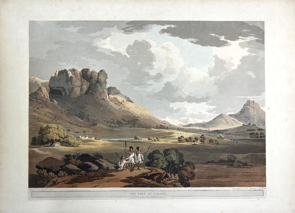 19th century, c. 1809. 'The Vale of Calaat' aquatint, drawn by Henry Salt and engraved by D. Havell.: 19th century, c. 1809. 'The Vale of Calaat' aquatint, drawn by Henry Salt and engraved by D. Havell. Overall good condition; measures 29 x 21 inches.