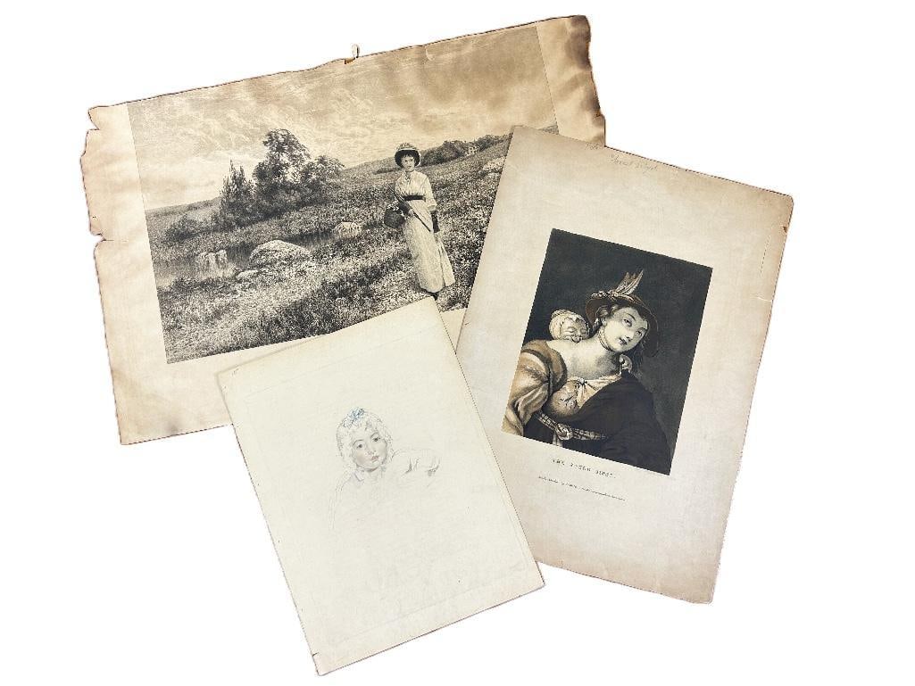 Continental, 19th century. Three prints including The Young Gypsy and a lithograph signed in (1 of 3)
