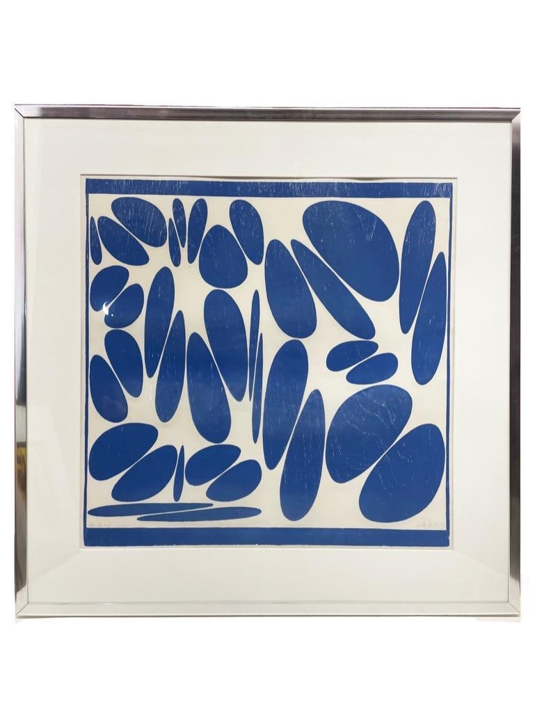 Argentine, 20th century. A blue and white oval print numbered 5/10. Unsigned, 1975. Measures 33.0": Argentine, 20th century. A blue and white oval print numbered 5/10. Unsigned, 1975. Measures 33.0" L x 33.0" H; sight 24.0" L x 24.0" H.