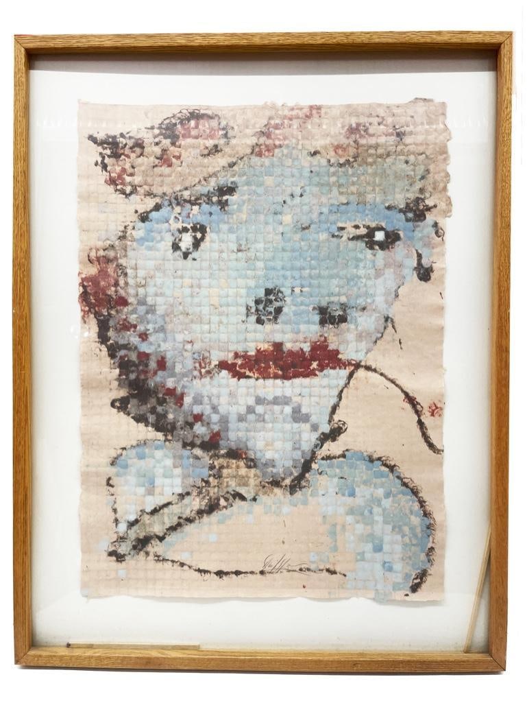 South America, 20th century. A cubist piece depicting a face in small, blue in squares and: South America, 20th century. A cubist piece depicting a face in small, blue in squares and hand-colored paper. Likely from the late 1960's or 70's. Signed middle bottom, but it is illegible. 29.0" L x