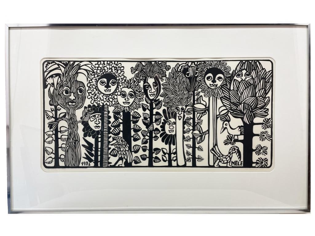 Argentine, 20th century. A black and white block print by Mele Bruniard depicting various animals (1 of 2)