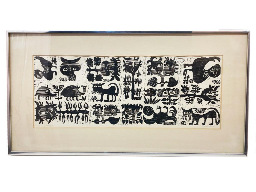 Argentine, 20th century. A black and white block print by Mele Bruniard depicting various animals. (1 of 2)