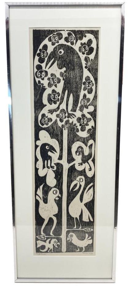 Argentine, 20th century. A black and white block print by Mele Bruniard depicting various animals. (1 of 2)