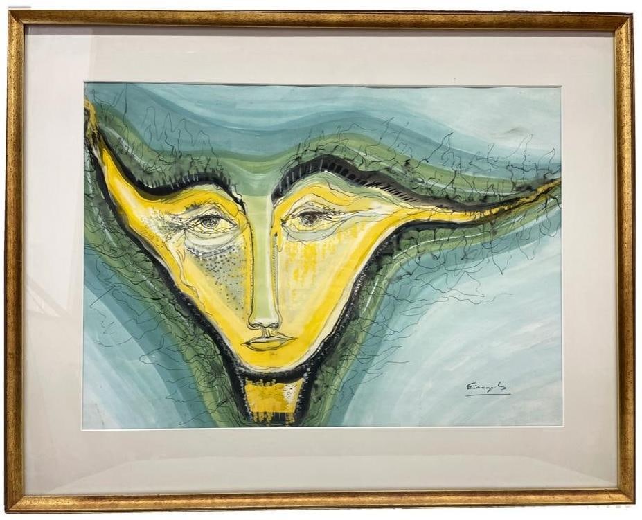 South America, 20th century. A watercolor and ink piece on paper depicting a yellow abstract face. (1 of 2)