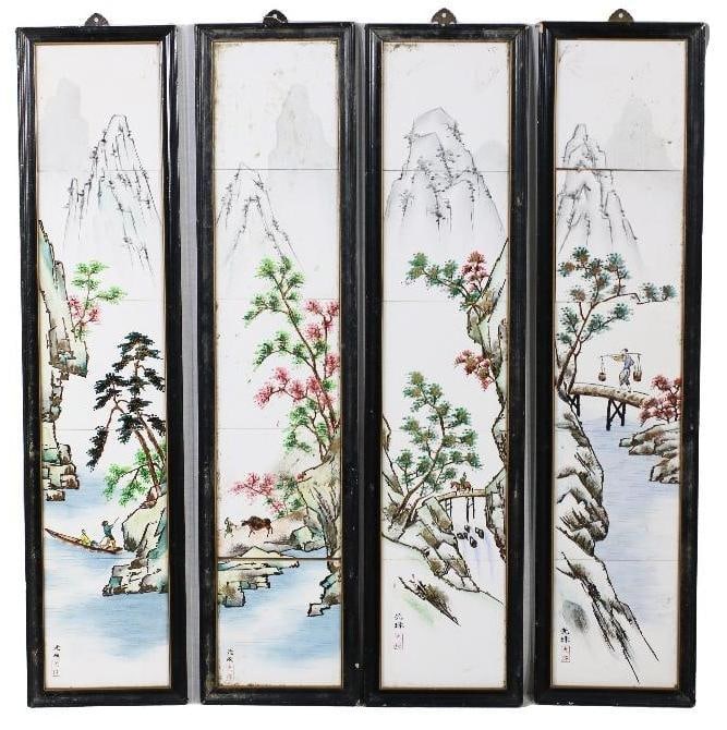 Japan, 20th century. Four hand-painted framed panels that incase five glazed ceramic tiles each, (1 of 3)