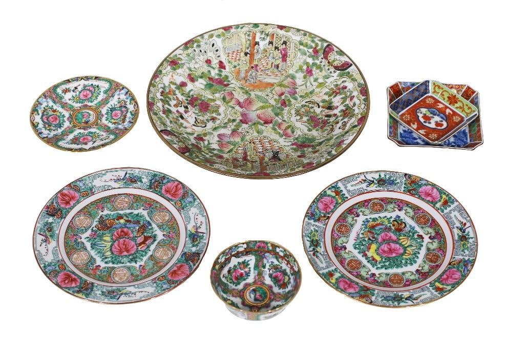 China, 20th century. A lot of porcelain rose medallion plate, two octagonal multi-colored dishes, a (1 of 7)