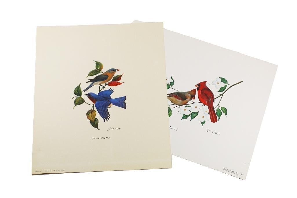 20th century, 1970s. Two John Ruthven prints of Cardinals and Eastern Bluebirds. Overall good (1 of 7)