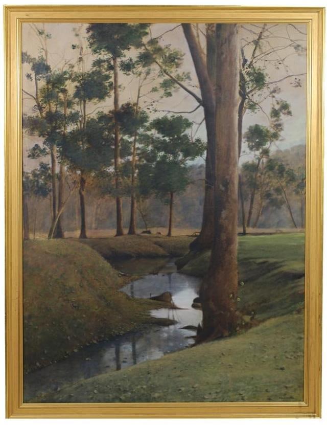 American, 20th and 21st centuries. Oil on canvas titled "Goose Creek" by R.E. Renmark, b. 1938.: American, 20th and 21st centuries. Oil on canvas titled "Goose Creek" by R.E. Renmark, b. 1938. Ronald Eastbourne Renmark (American 20th-21st century) is a romantic realist painter from Richmond, Virg
