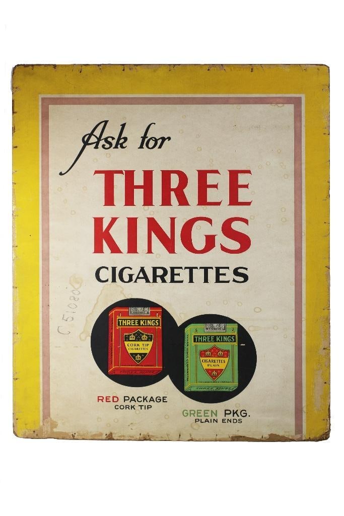 A Three Kings Cigarettes sign on board, some graphite marks present. Overall good condition.: A Three Kings Cigarettes sign on board, some graphite marks present. Overall good condition.
