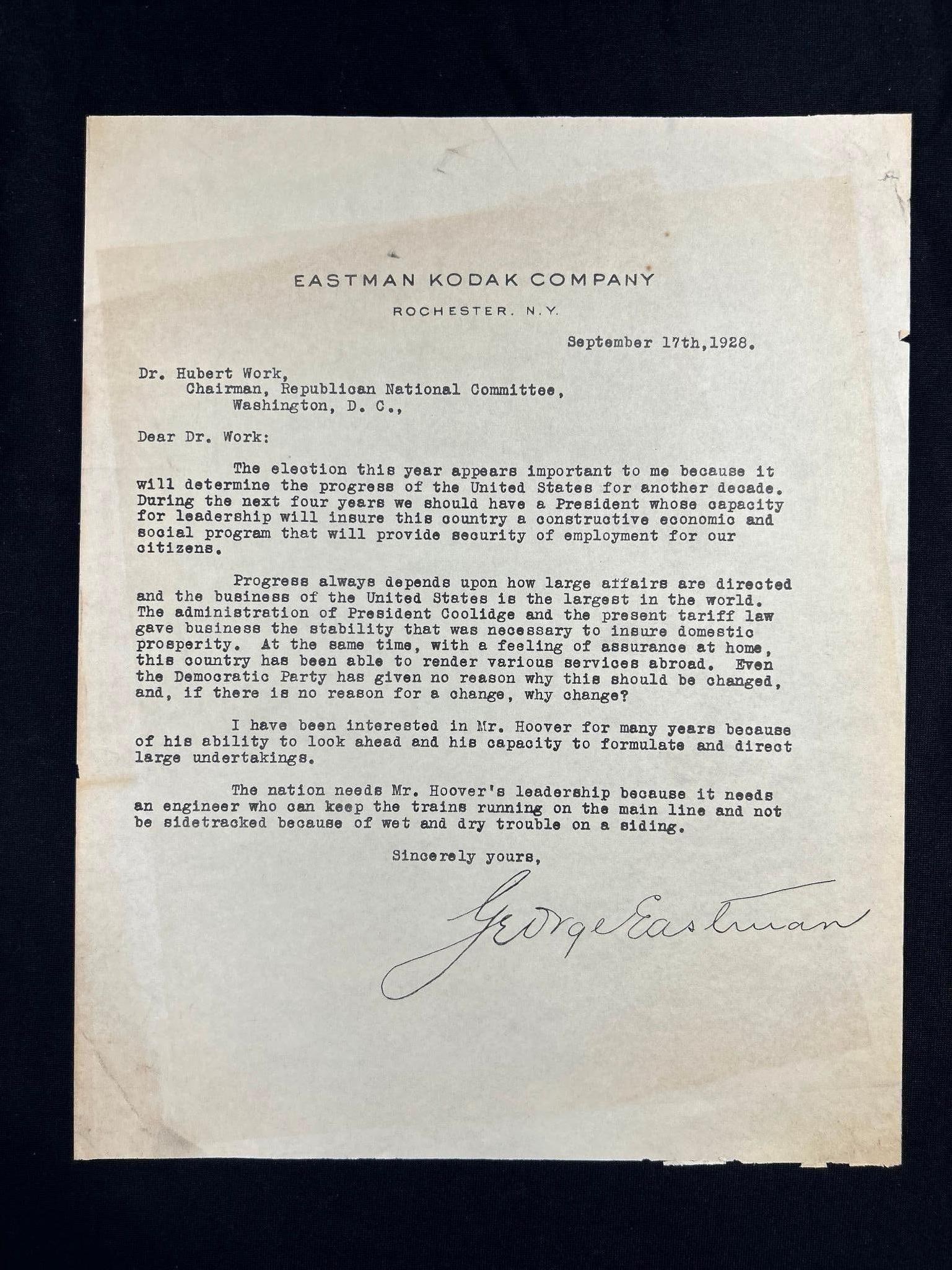 1928 Signed Letter from George Eastman of the Eastman Kodak Company (1 of 4)
