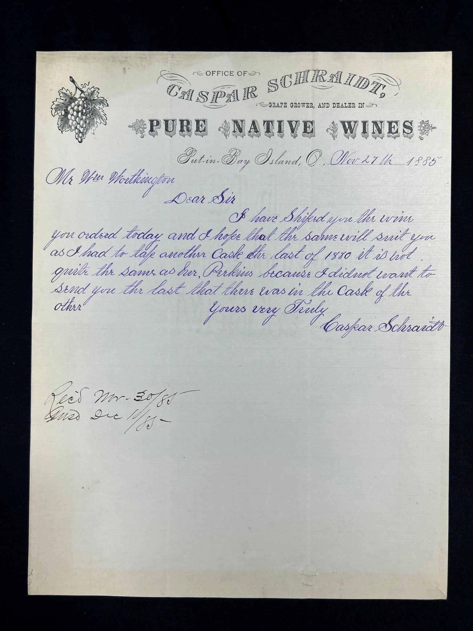 Pure Native Wines Put-in-Bay Island Letter 1885 (1 of 2)