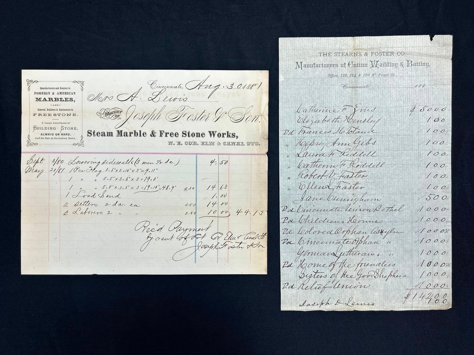 Joseph Foster & Son Steam Marble & Free Stone Works + Stearns & Foster Co. Receipts Cincinnati 1881: Receipts from Joseph Foster & Son Steam Marble & Free Stone Works + Stearns & Foster Co. Manufacturers of Cotton Wadding & Batting. Overall good condition. Toning and small tear. 4