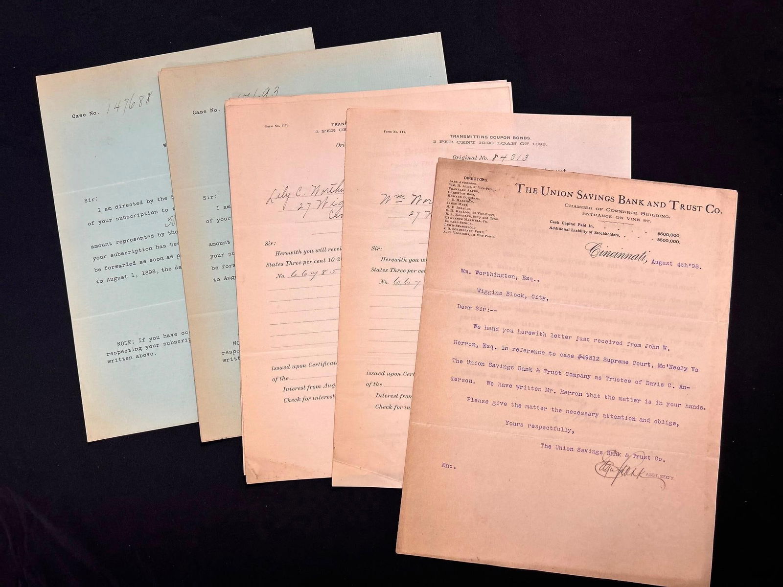 US Treasury Department Transmitting Coupon Bonds 1898 (1 of 5)