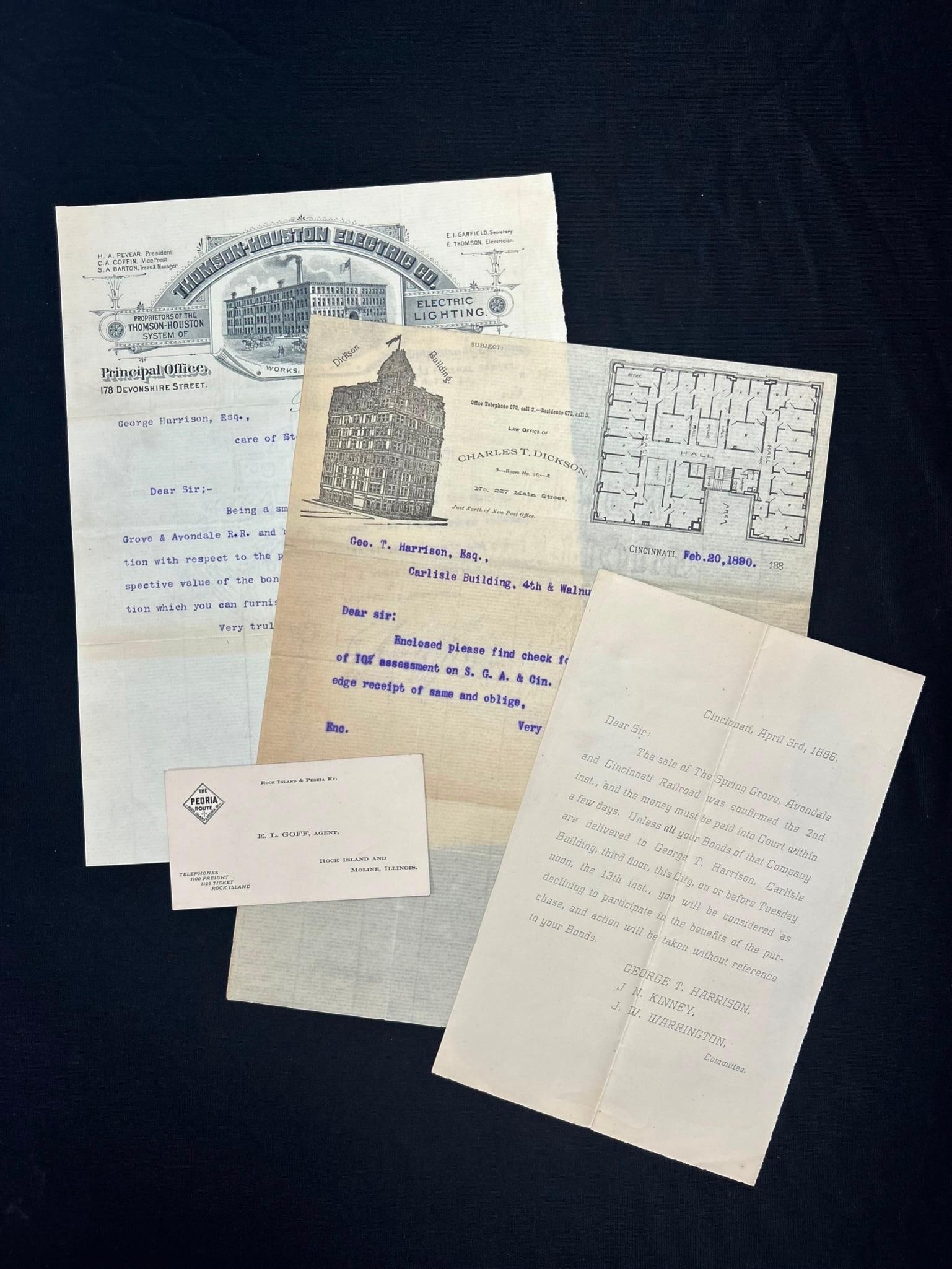 Antique Letters Addressed to George T. Harrison: A lot of letters addressed to George T Harrison from the Law Office of Charles T. Dickson and Thomson-Houston Electric Co. Overall good condition. Some toning, creasing, and tear along edge. 71
