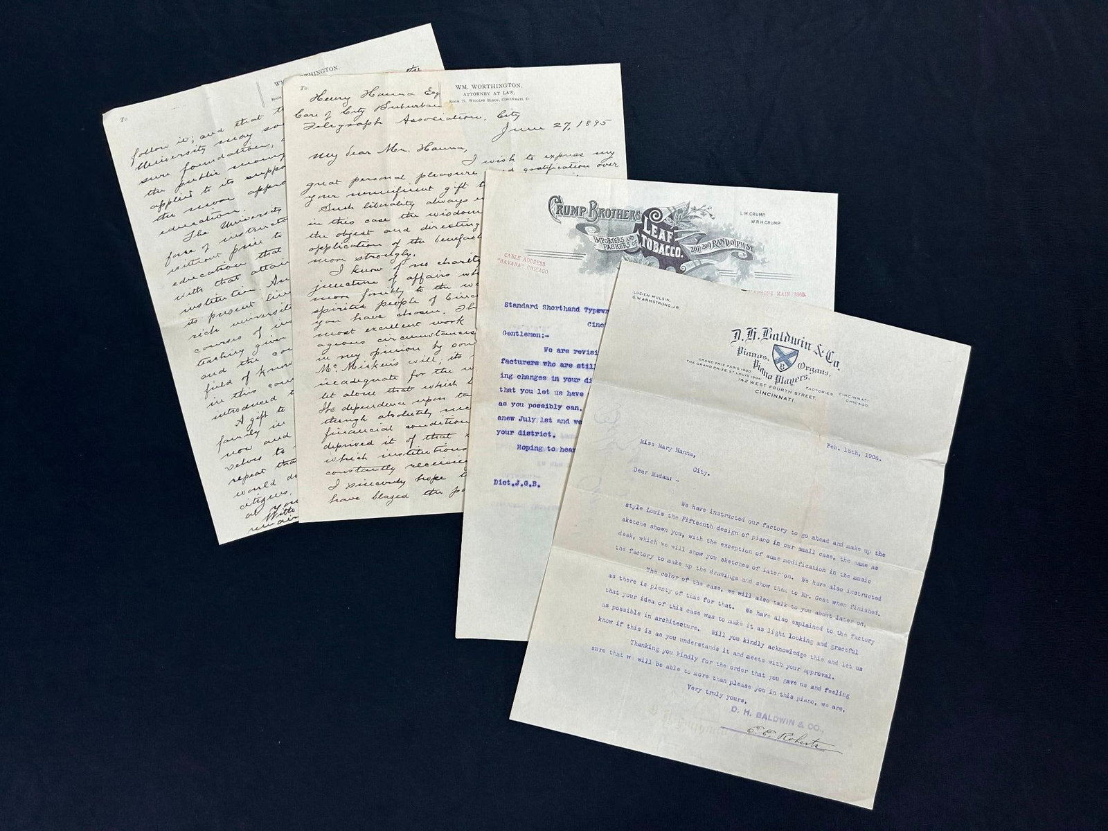 1906 D.H. Baldwin and Co. Letter + 1895 Letter Between Henry Hanna and William Worthington: 1906 D.H. Baldwin and Co. Letter confirming an order of Mary Hanna's + 1895 Letter Between Henry Hanna and William Worthington. Also included is a letter from Crump Brothers Leaf Tobacco Co. f