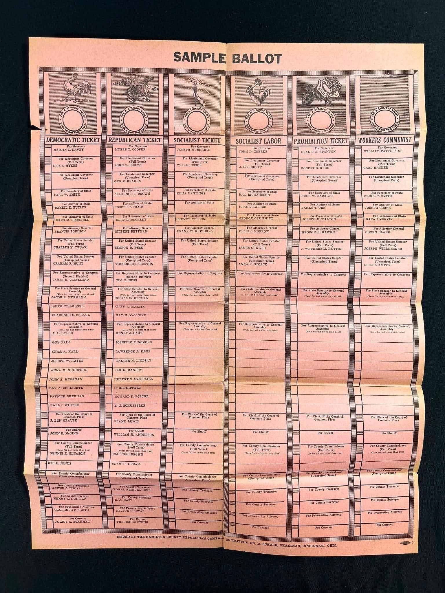 1928 Sample Ballot Issued by the Hamilton County Republican Campaign Committee (1 of 5)