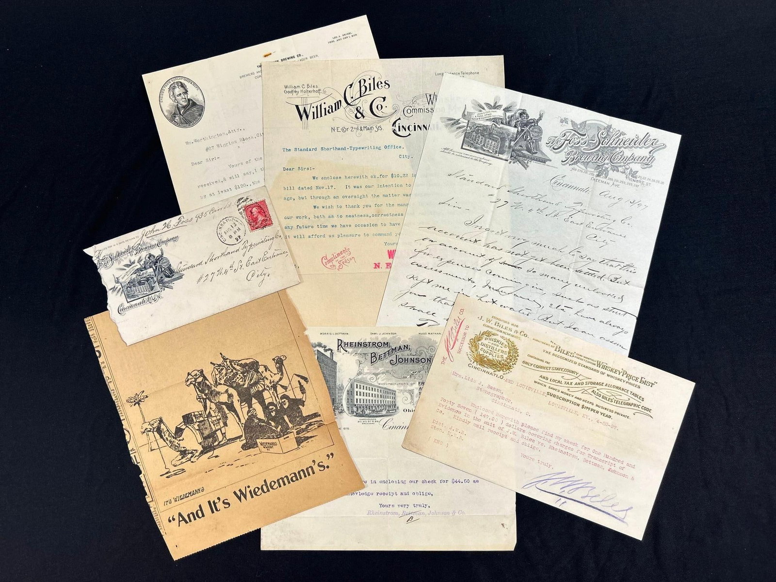 1890s Lot of Antique Letters from Breweries and Liquor Companies: 1890s Lot of Antique Letters from Brewing and Alcohol Companies. Includes William C. Biles & Co. Whiskey Commission Merchants, Rhenstrom Bettman Johnson & Co., and The Foss-Schneider Brewing C