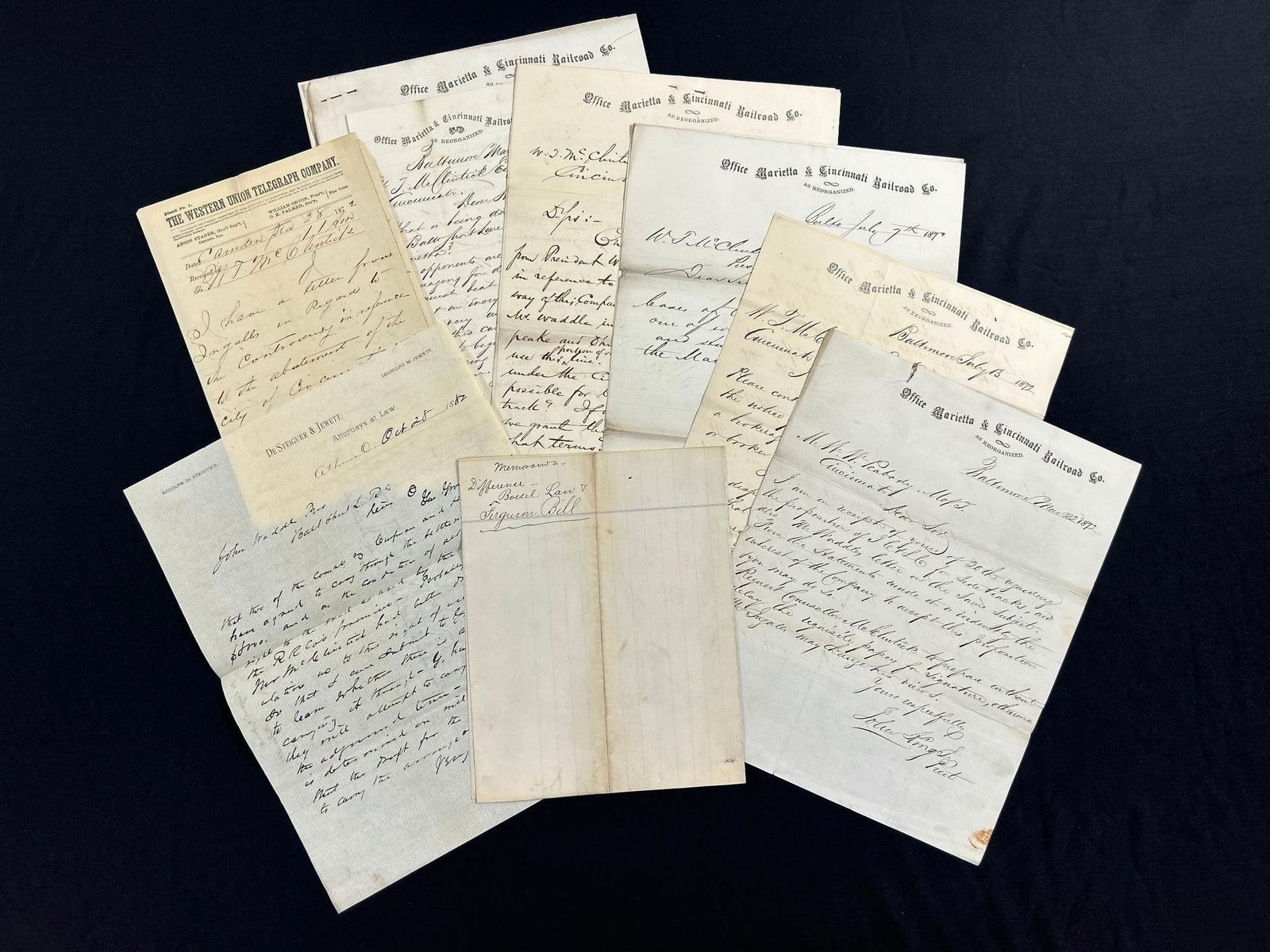 1870s Lot of Marietta & Cincinnati R.R. Co. Letters: 1870s Lot of Marietta & Cincinnati R.R. Co. Letters. Many addressed to William T. McClintick. Others from John King Jr. Overall good condition. Some toning, foxing, and creases. William T. McClin