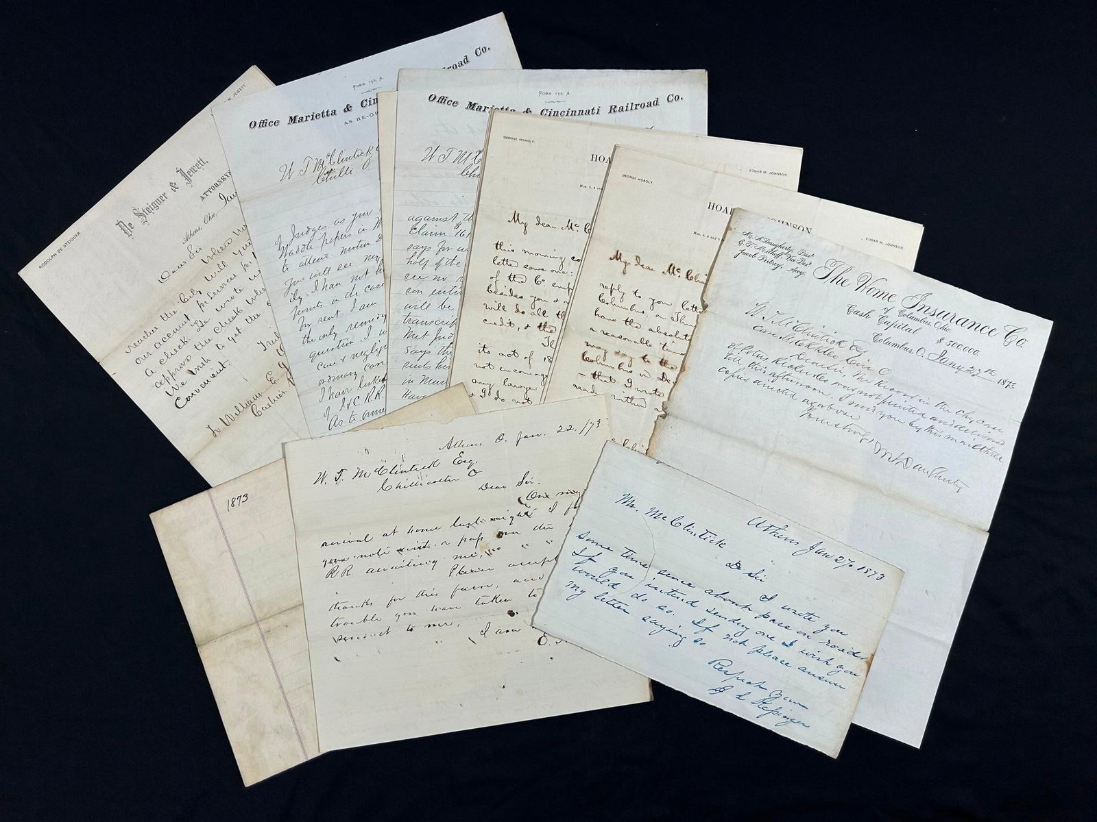 1870s Letters Addressed to William T. McClintick: 1870s Letters Addressed to William T. McClintick. Includes letters from Hoadly & Johnson Attorneys at Law, The Home Insurance Co. of Columbus, Ohio, and De Steiguer & Jewett Attorney's at 