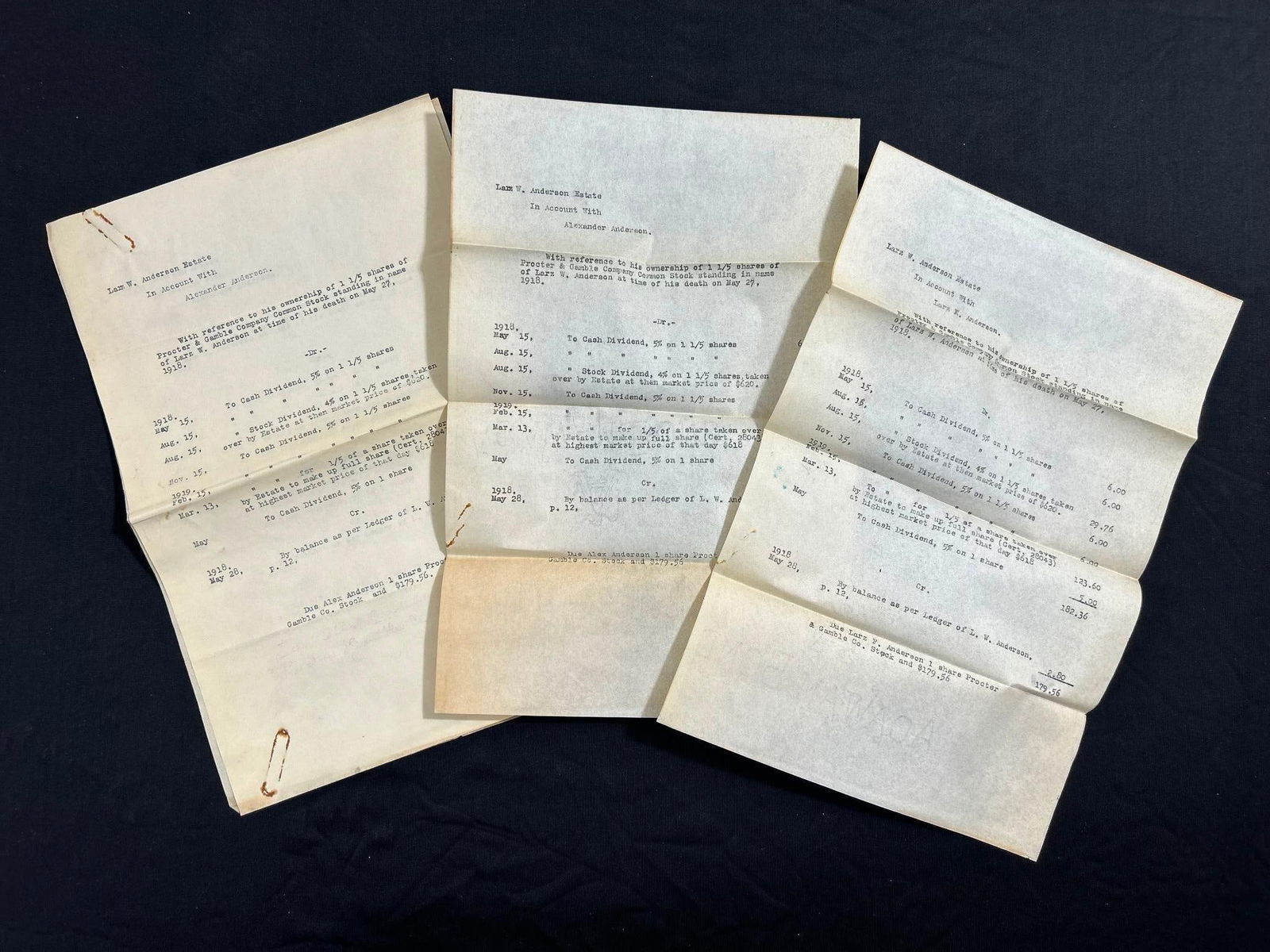 1918 Procter & Gamble Company Common Stock Larz E. Anderson and Alexander Anderson: 1918 Procter & Gamble Company Common Stock Larz E. Anderson and Alexander Anderson reports. Overall good condition. Some foxing, toning and creases present. Anderson was the son of Brevett Major