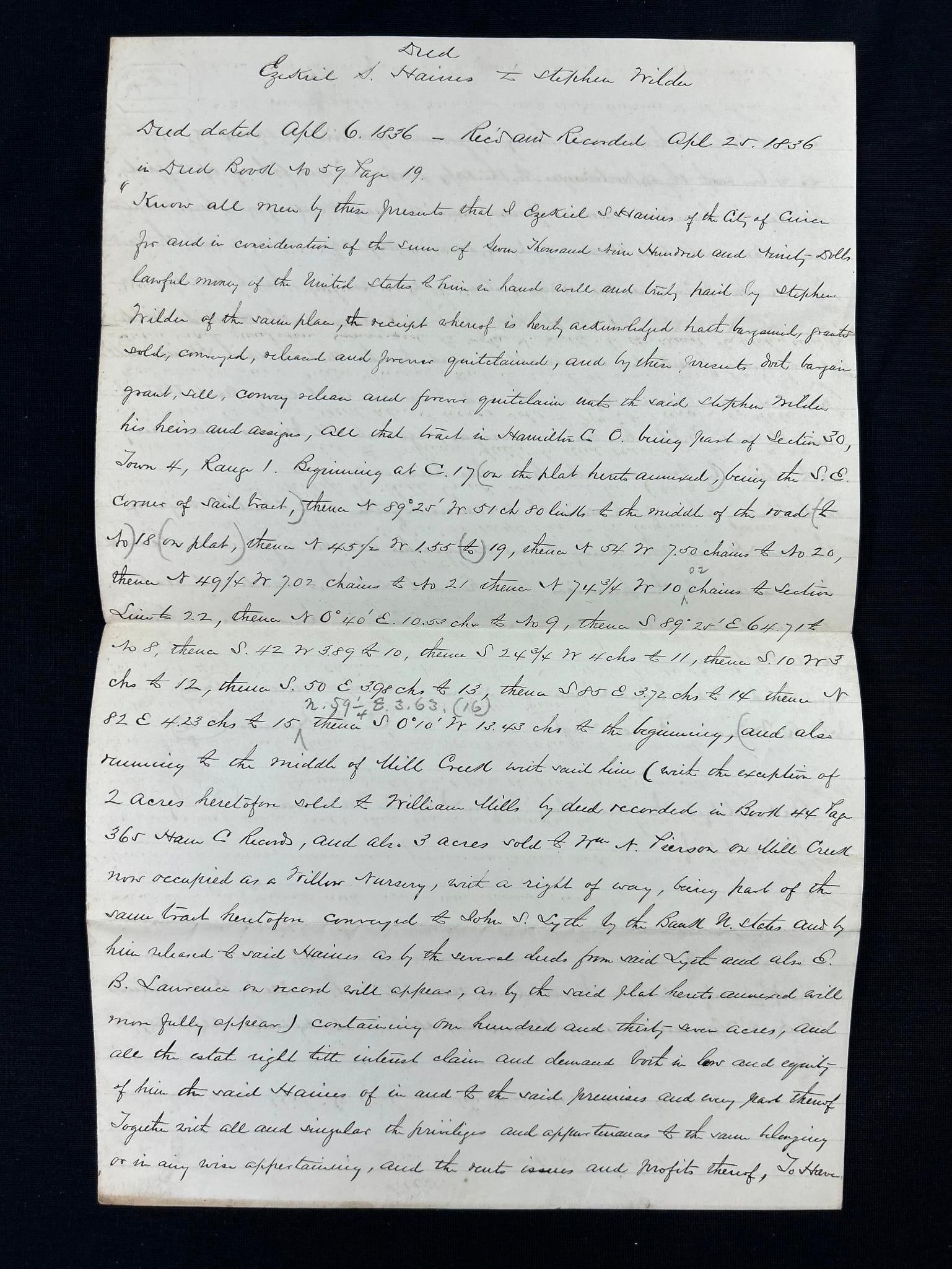 1836 Deed for Cincinnati Land as Part of the Northwest Territory, Ezekiel S. Haines: America, 19th century. A deed that includes Ezekiel S. Haines and Stephen Wilder for land in Cincinnati as once part of the survey of the Northwest Territory during the early 1800s. Ezekiel S. Haines 