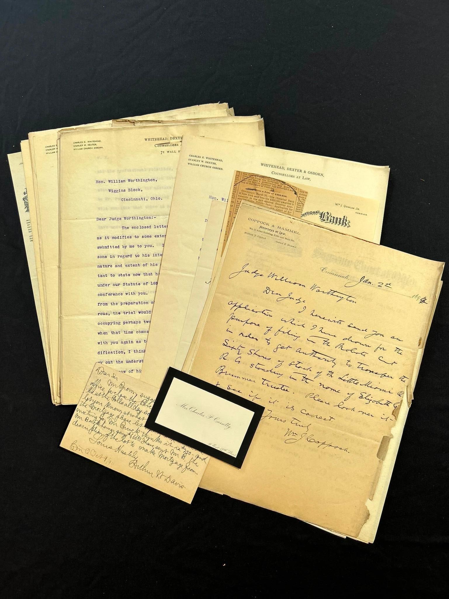 A Lot of Legal Letters, Whitehead Dexter & Osborn Wall Street: America, 19th century. A lot of antique letters between Whitehead Dexter & Osborn, Dickson & Moroney, Coppock & Hammel, the Supreme Court of Ohio, and more. Letters date to the 1890s. Ov