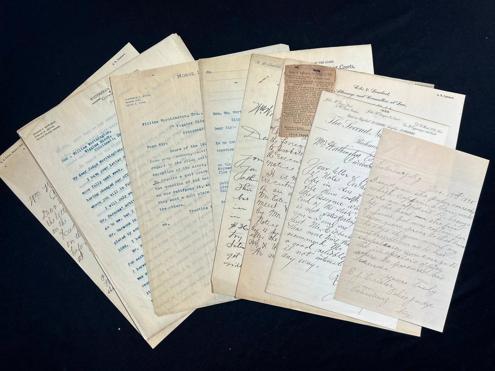 1898 Estes & Lambert of South Dakota Law Correspondence: America, 19th century. Legal correspondence between Estes & Lambert of South Dakota, Farmers Bank of Frankfort, and Second National Bank of Richmond dating to 1898. 315