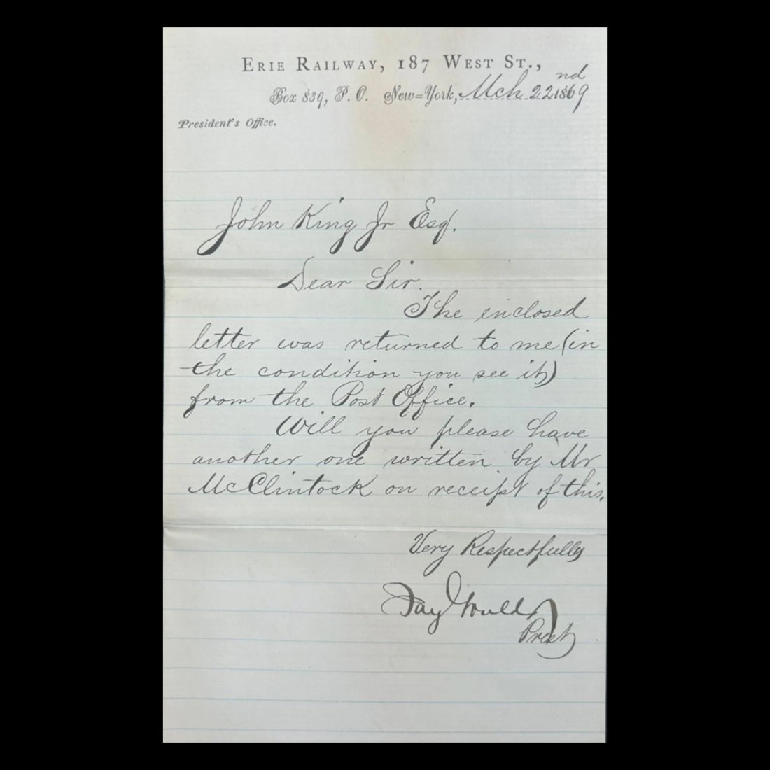 A Letter Signed by Jay Gould (1836-1892) Erie Railroad (1 of 5)