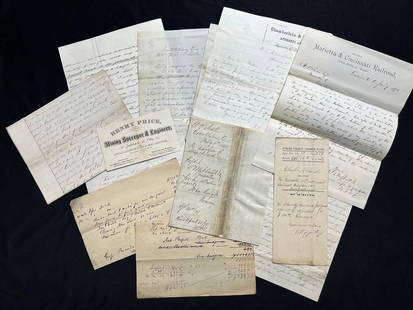 1870s Marietta & Cincinnati Railroad Summons for Damages: America, 19th century. Letters and legal documents concerning the case of William Scott against the Marietta &amp; Cincinnati Railroad for the fire damage caused by the spark of a passing train, burni