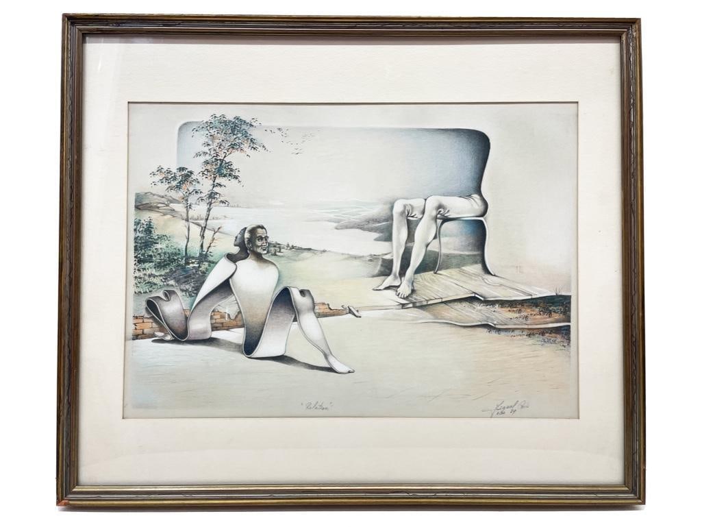 Miguel Conti (20th Century) Mixed Media on Paper: South America, 20th century. "Relation" by Miguel Conti. Colored pencil and soft pastels on paper. Signed by artist in lower right corner. Marked 1979. 26.0" L x 21.0" H; sight 20.0