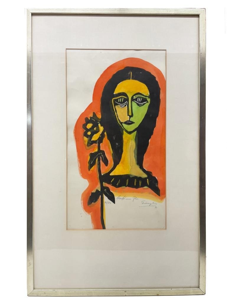 Pedro Giacaglia (1922-1997) Woman and Flower: South America, 20th century. Portrait of a woman and flower. Mixed media on paper (watercolor, acrylic/tempera) by Pedro Giacaglia. Signed lower left and numbered 80/80. Marked 1970. 21.0" L x 33