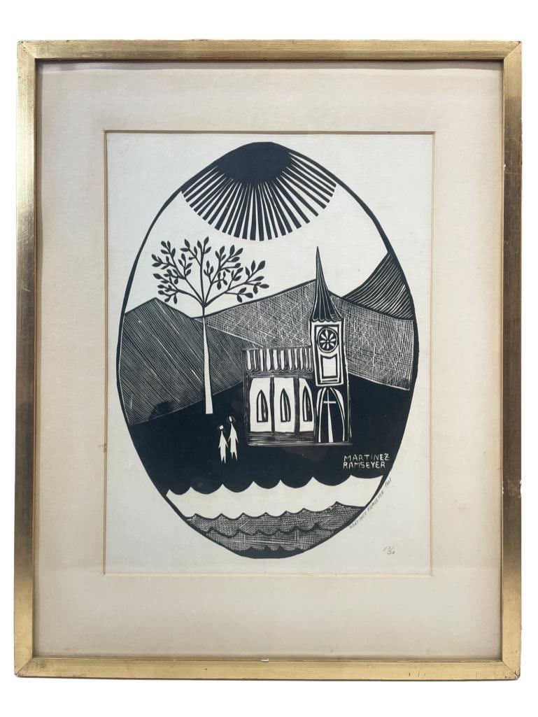 Martinez Ramseyer (20th Century) Church Scene, Numbered Print: (Argentinian, b. 1931). Numbered 17/20. 21.0" L x 16.5" H; sight 10.5" L x 14.5" H.