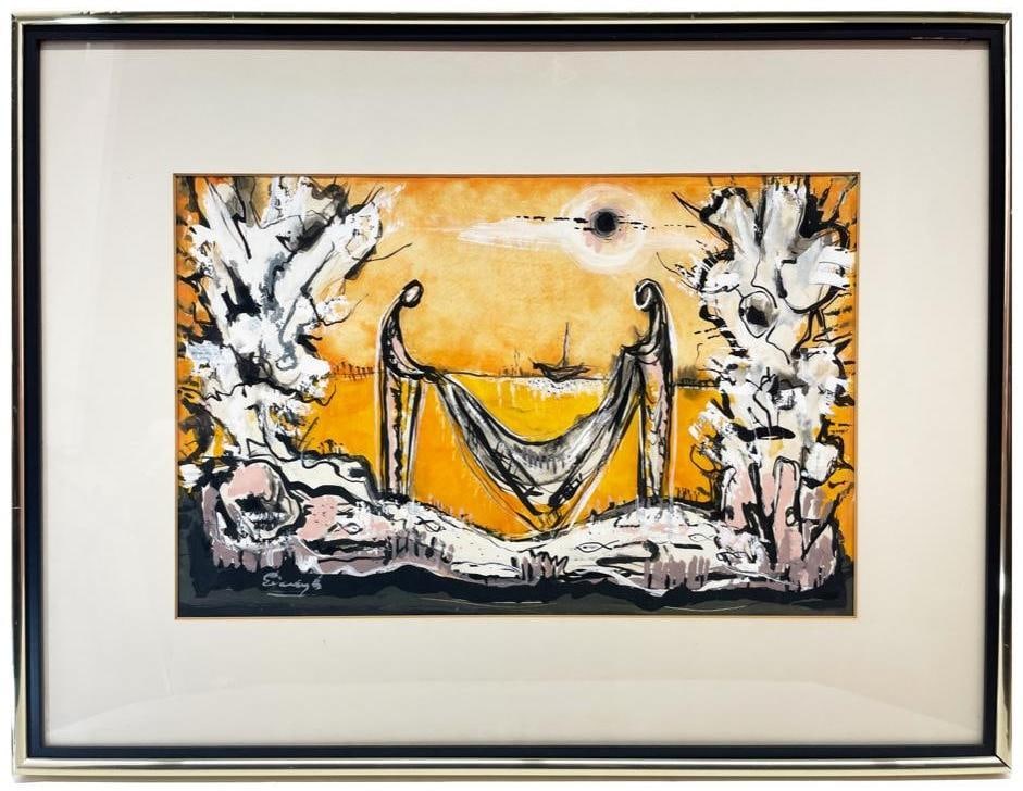 Pedro Giacaglia (1922-1997) Figural Mixed Media Painting (1 of 2)