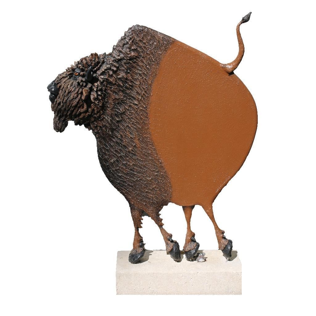 An Abstract Buffalo Sculpture: America, late 20th century. Am abstract buffalo sculpture with a small mouse under one hoof. Removable from base; overall good condition.