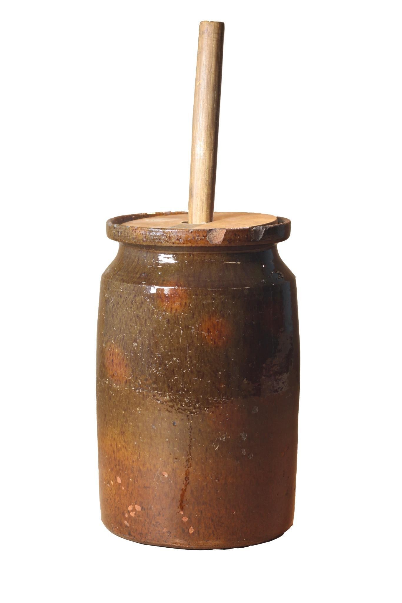 An Antique Brown Glazed Stoneware Butter Churn (1 of 5)
