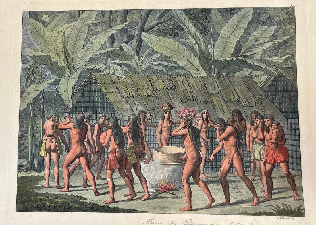 An Engraving of 'Dancing Festival of the Camacani Indians' by D.K. Bonatti: From 'Le Costume Ancien et Moderne', Volume I, plate 46, by Jules Ferrario, published c.1820s-30s.