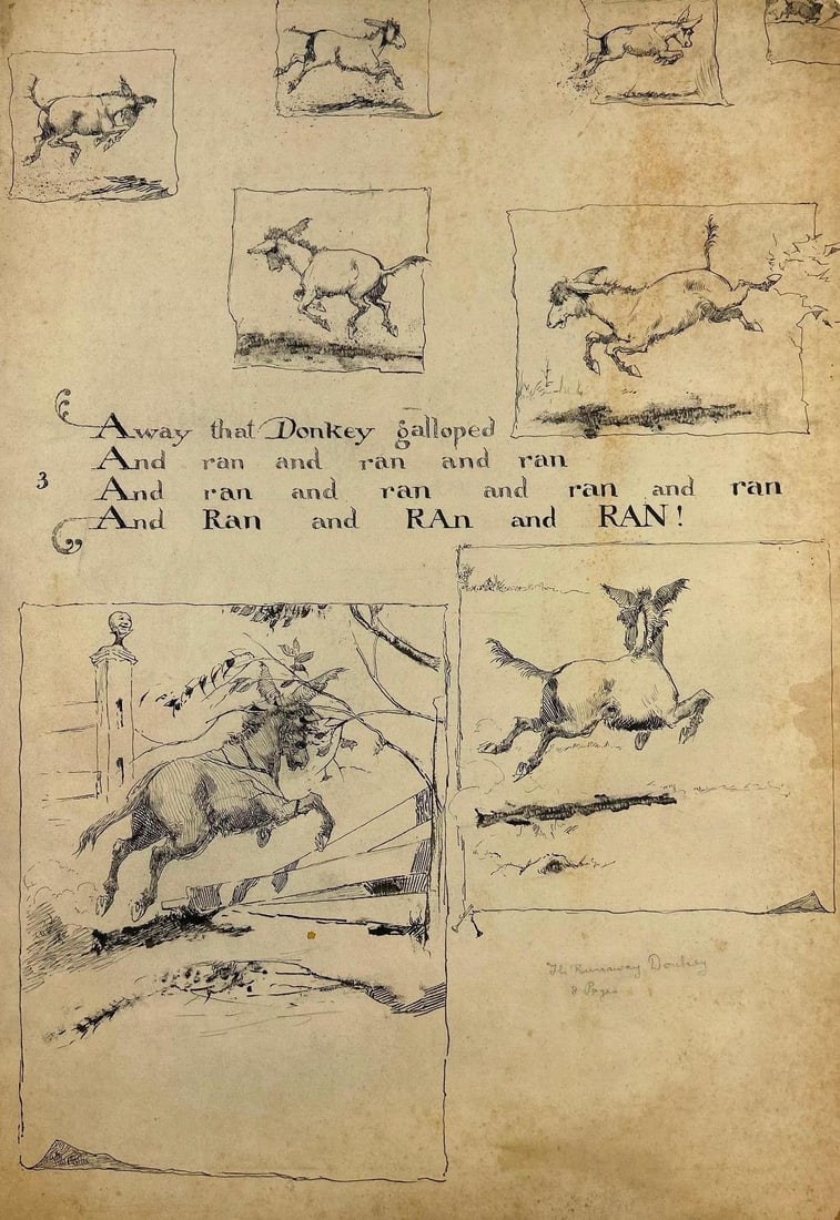 Original Illustrations for 'The Runaway Donkey' by Emilie Poulsson (Boston, 1853 - 1939).: America, early 20th century. Original illustrations by L.J. Bridgeman for Emilie Poulsson (Boston, 1853 - 1939). Published within The Runaway Donkey and Other Rhymes for Children. Emilie worked as a c