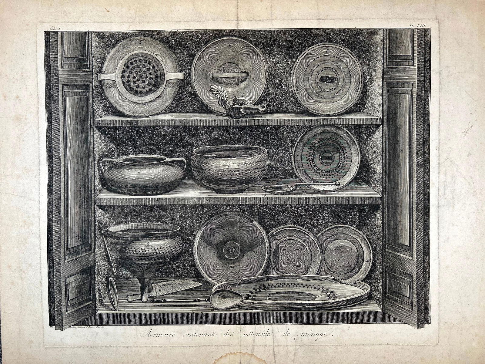 A Cupboard Containing Household Utensils, Vol I by Francesco Piranesi (1758-1810): Italy, 19th century. An engraving of a cabinet in Pompeii dating to 1805. Signed in plate. From Vol I, Plate 8. Overall food condition; plate is well intact. Some loss and toning around edges.