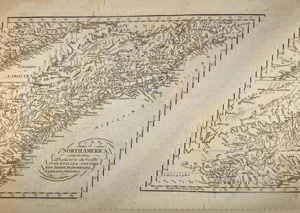 1748 Map of North America, Comprehending 'The Course to Ohio': America, 18th century. An early map of the eastern coast, detailing New England, New York, and more. No maker marks present. Overall good condition; complete on laid paper.
